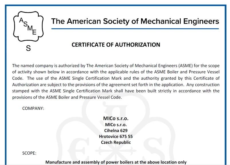 MICo nově získala certifikaci ASME