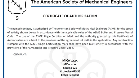 MICo nově získala certifikaci ASME